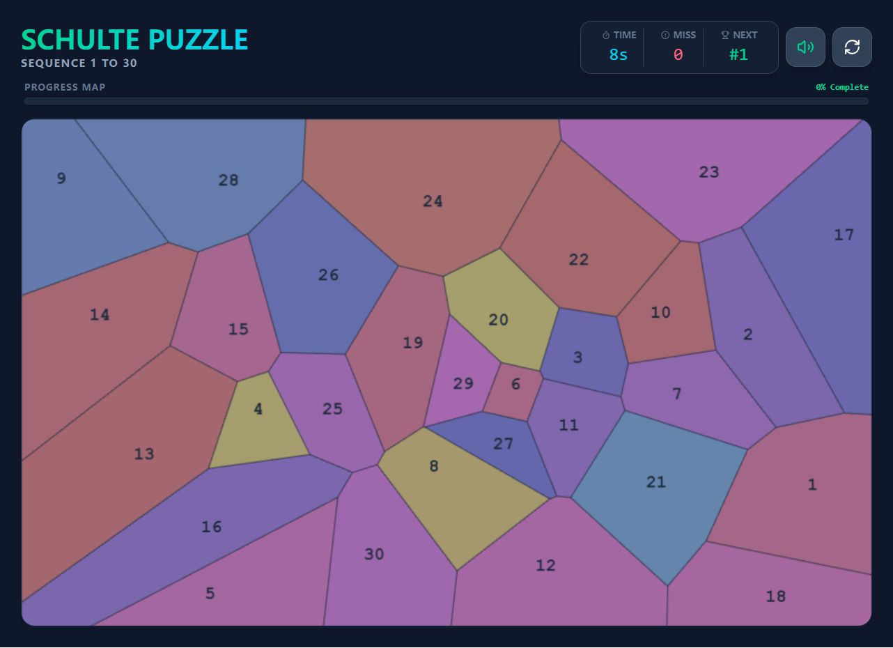 Number Hunter game preview - Walter Schulte grid with randomly placed numbers to click in order